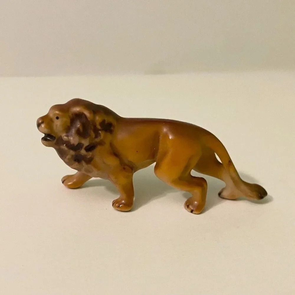 Vintage Miniature Lion Porcelain Figurine 2.25 Inch Long Small Figure